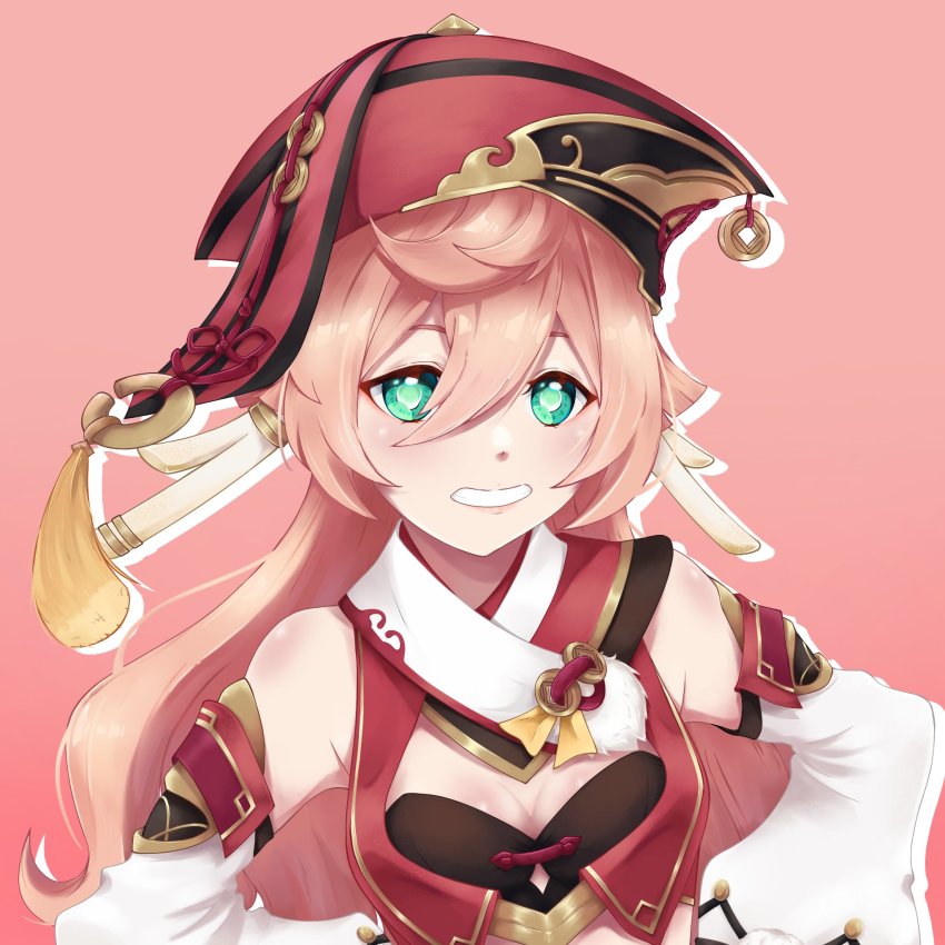 antlers, genshin_impact, green_eyes, hair_between_eyes, hat, highres, horns, lamborjenees