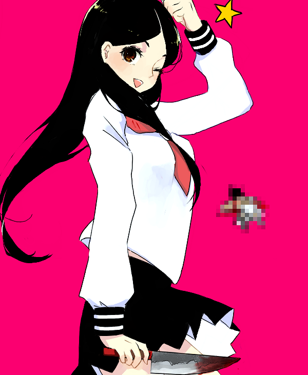 00s, 1girl, akota, black_hair, female_focus, kitsu_chiri, knife, long_hair