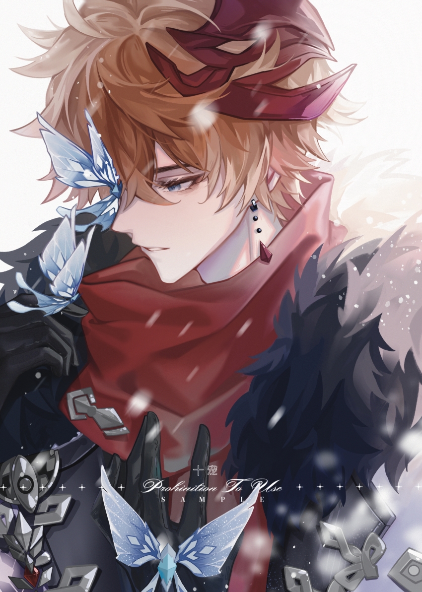 1boy, absurdres, artist_name, black_gloves, blue_eyes, bug, butterfly, butterfly_on_face