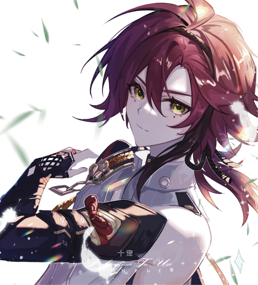 1boy, absurdres, ahoge, aiguillette, arm_up, armor, artist_name, backlighting