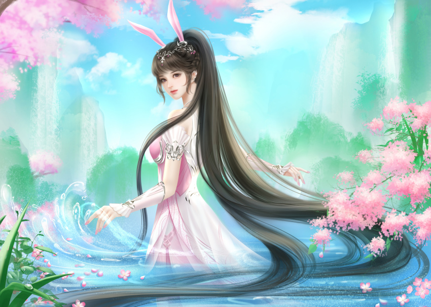 1girl, absurdres, back, blue_sky, brown_hair, douluo_dalu, dress, expressionless, from_behind, grass, highres, huahua_de_mo_nian, in_water, looking_back, mountain, petals, pink_dress, second-party_source, sky, solo, splashing, upper_body, vegetation, water, xiao_wu_(douluo_dalu)
