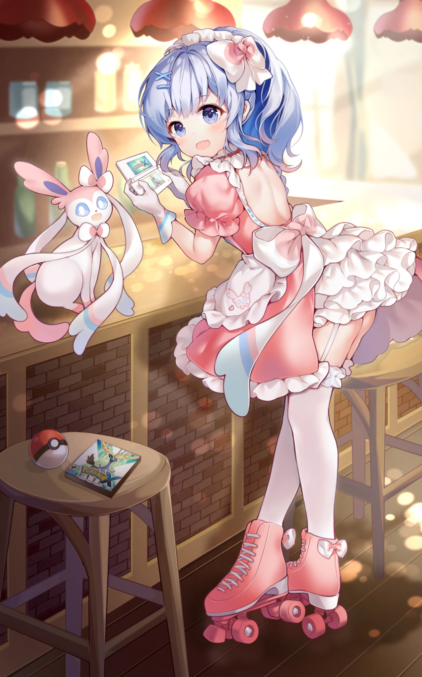 1girl, dress, gen_6_pokemon, handheld_game_console, highres, legendary_pokemon, nintendo, nintendo_3ds