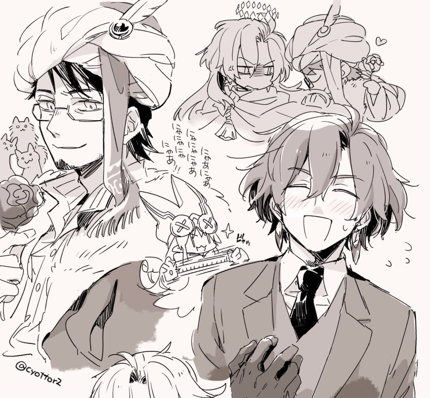 1girl, 2boys, :3, :d, ^_^, anger_vein, blush, cat