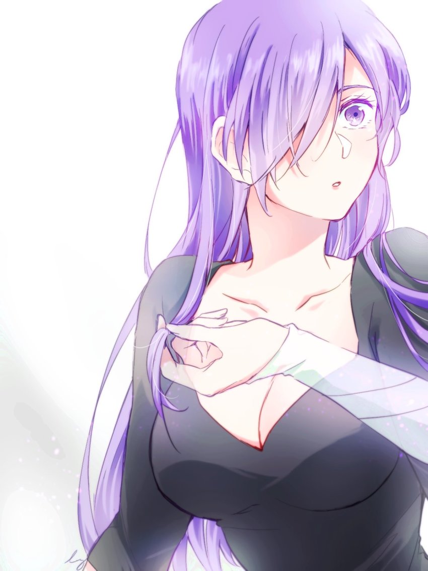 1girl, 1other, :o, arval_(fire_emblem), black_shirt, breasts, cleavage, collarbone, female_shez_(fire_emblem), fire_emblem, fire_emblem:_three_houses, fire_emblem_warriors:_three_hopes, hair_down, hair_over_one_eye, hand_in_own_hair, hand_on_another's_hair, highres, large_breasts, long_hair, nintendo, one_eye_covered, purple_eyes, purple_hair, shirt, simple_background, surprised, white_background