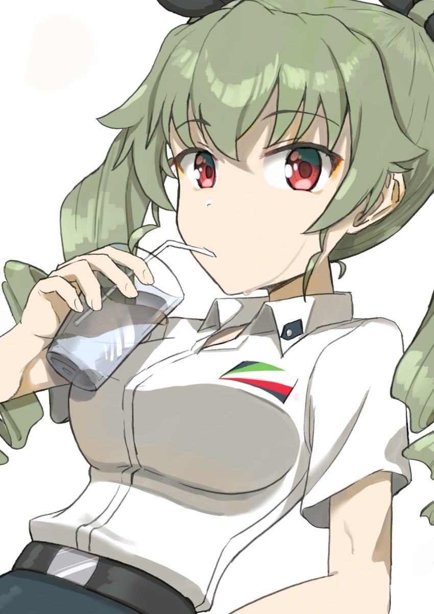 1girl, adapted_uniform, anchovy_(girls_und_panzer), anzio_school_uniform, belt, black_belt, black_ribbon, black_skirt, breasts, collared_shirt, cup, dress_shirt, drill_hair, drinking, emblem, girls_und_panzer, green_hair, hair_ribbon, highres, holding, holding_cup, large_breasts, long_hair, looking_at_viewer, red_eyes, ribbon, school_uniform, shirt, short_sleeves, simple_background, skirt, solo, twin_drills, twintails, white_background, white_shirt, wing_collar, yurifiss