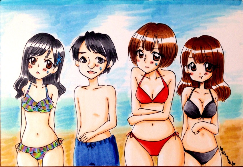 1boy, 3girls, akb48, bikini, black_bikini, black_hair, blue_sky, blue_swim_trunks, brown_hair, highres, multiple_girls, ooshima_yuko, red_bikini, sashihara_rino, shinoda_mariko, sky, swimsuit