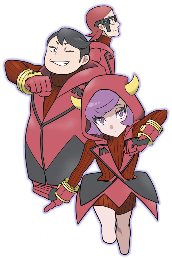 1girl, 2boys, black-framed_eyewear, churumi_(grie), clenched_hand, closed_mouth, coat, commentary_request