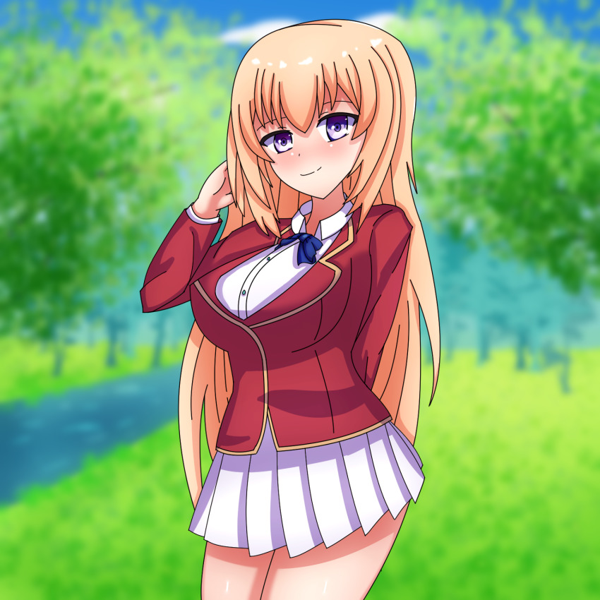 1girl, astelord, blonde_hair, blush, breasts, happy, highres, ichinose_honami_(youjitsu)