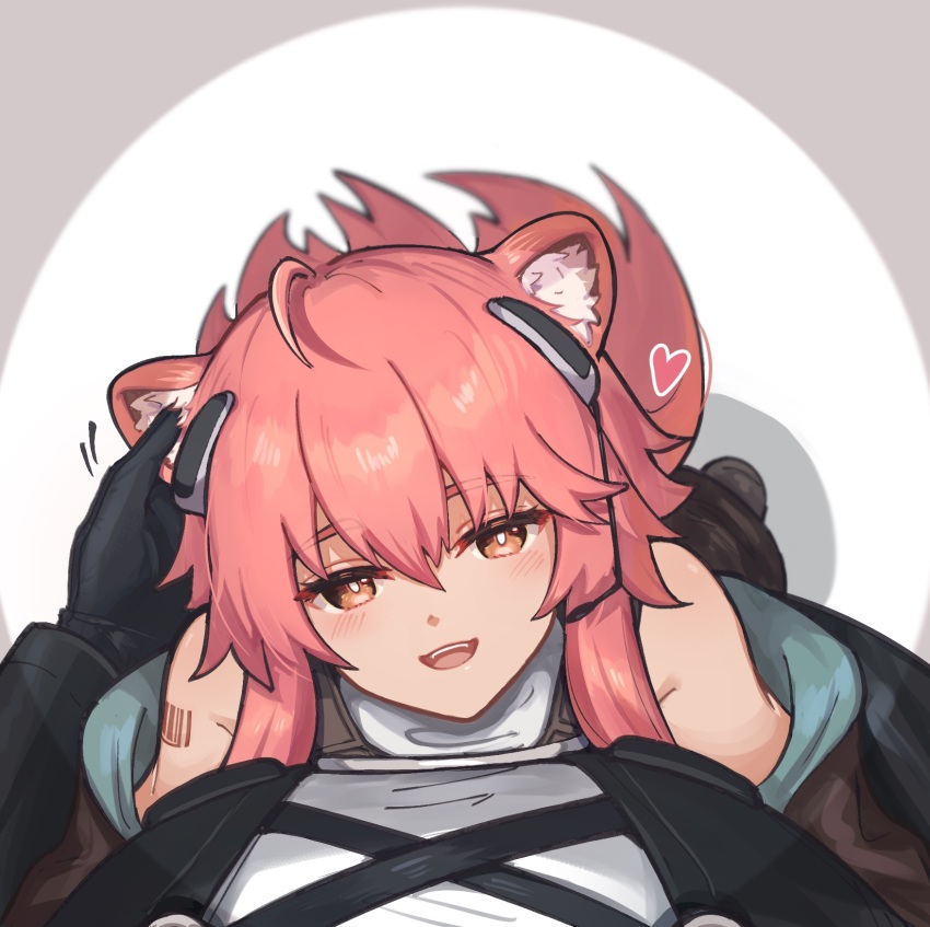 1girl, 1other, :d, ambiguous_gender, animal_ears, arknights, barcode, barcode_tattoo