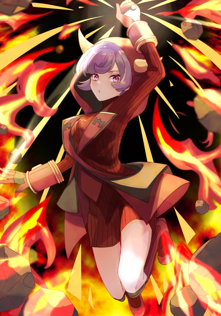 1girl, boots, commentary_request, courtney_(pokemon), dress, fake_horns, fire, gloves