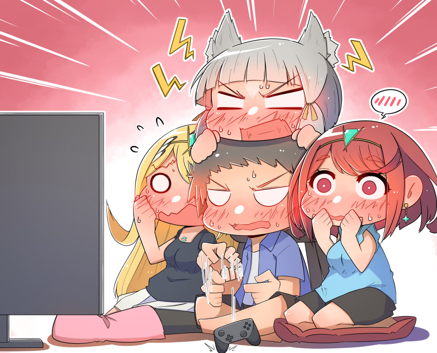 1boy, 3girls, absurdres, animal_ears, blonde_hair, blunt_bangs, blush, cat_ears, chibi, child, grey_hair, highres, long_hair, multiple_girls, mythra_(xenoblade), nia_(xenoblade), osora_(judithandlilith), playing_games, playing_video_games, pyra_(xenoblade), red_hair, rex_(xenoblade), short_hair, spoilers, swept_bangs, very_long_hair, xenoblade_chronicles_(series), xenoblade_chronicles_2, xenoblade_chronicles_3