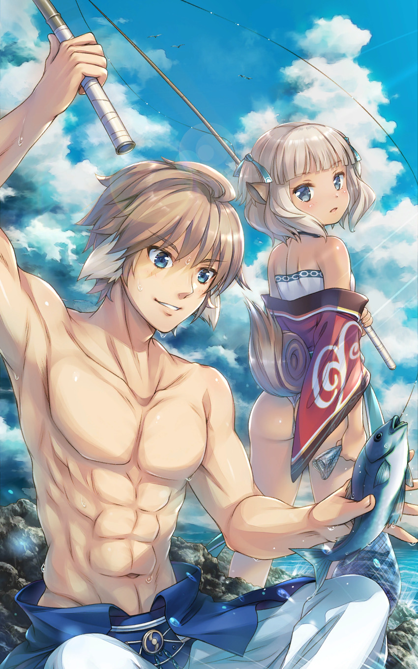 abs, animal, animal_ears, aquaplus, artist_request, ass, ass_focus, back, bare_arms, bare_shoulders, bird, blonde_hair, blue_eyes, blue_sky, breasts, clothes_around_waist, cloud, cloudy_sky, collarbone, dark-skinned_female, dark_skin, fish, fishing, fishing_line, fishing_rod, grey_hair, hair_between_eyes, highres, holding, holding_animal, holding_fish, holding_fishing_rod, itak_(utawarerumono:_futari_no_hakuoro), looking_at_viewer, muscular, muscular_male, nose, off_shoulder, official_art, parted_lips, pectorals, sayori_(utawarerumono:_lost_flag), short_hair, sitting, sky, small_breasts, tail, topless_female, topless_male, utawarerumono, utawarerumono:_futari_no_hakuoro, utawarerumono:_lost_flag, water, wavy_hair, wet
