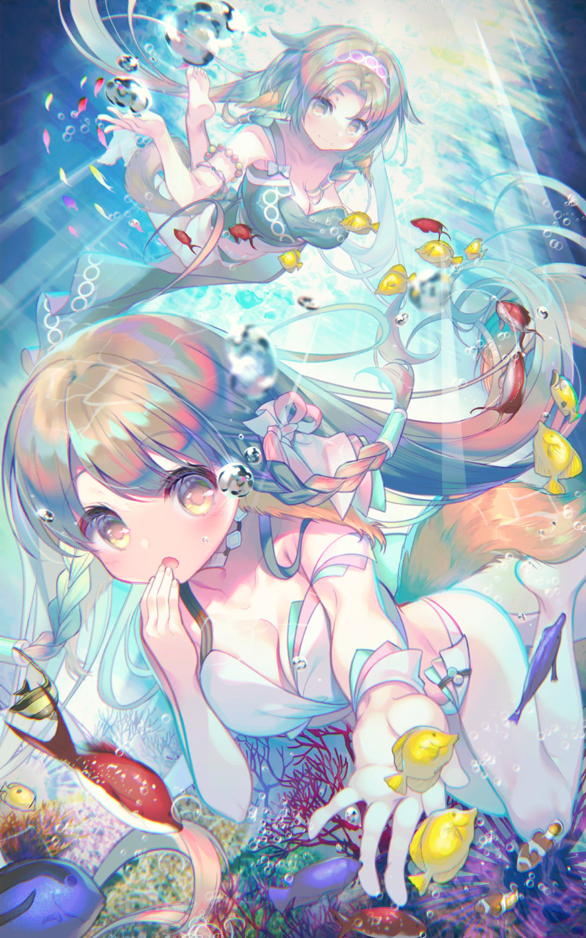 2girls, absurdly_long_hair, age_difference, ainu_clothes, animal, animal_ears, aquaplus, armlet