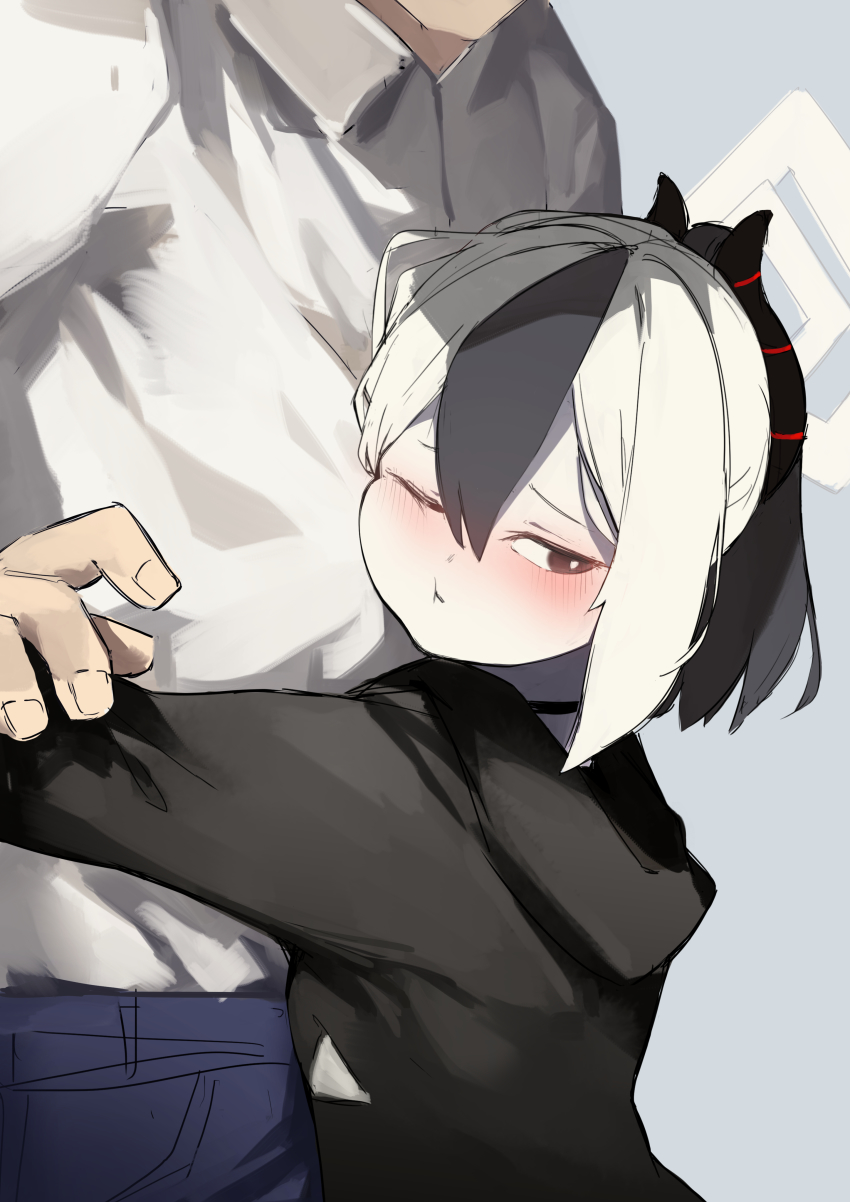 1boy, 1girl, absurdres, black_hair, blue_archive, blush, cheek_press, choker