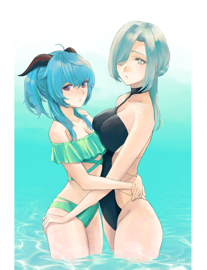 2girls, absurdres, alternate_hairstyle, bare_shoulders, bikini, black_one-piece_swimsuit, blue_hair, breasts