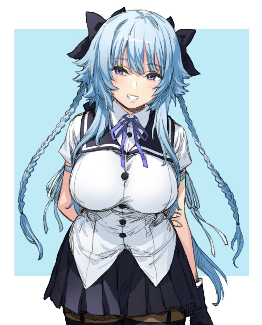 1girl, arm_at_side, arm_behind_back, arm_ribbon, assault_lily, black_bow, black_gloves, black_ribbon