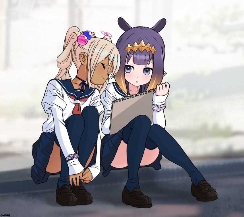 2girls, aged_down, black_footwear, black_thighhighs, blonde_hair, blush, closed_eyes, commentary, dark-skinned_female, dark_skin, english_commentary, facing_another, gradient_hair, hair_ornament, highres, holding, holding_notebook, hololive, hololive_english, juliet_sleeves, leaning_on_person, leaning_to_the_side, limiter_(tsukumo_sana), long_hair, long_sleeves, looking_at_another, mole, mole_under_eye, multicolored_hair, multiple_girls, ninomae_ina'nis, notebook, orange_hair, parted_lips, planet_hair_ornament, pointy_ears, puffy_sleeves, purple_hair, sailor_collar, school_uniform, sitting, smile, swoog, tentacle_hair, thighhighs, tsukumo_sana, twintails, virtual_youtuber, wrist_cuffs