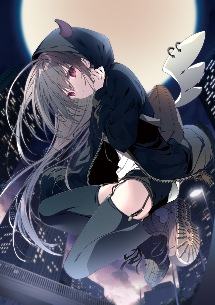 1girl, black_hoodie, black_shorts, black_thighhighs, building, city, from_below, hood, hoodie, horns, jumping, kilacco, long_hair, looking_at_viewer, moon, night, red_eyes, shorts, thighhighs, wings