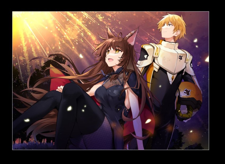 1boy, 1girl, alternate_color, animal_ears, black_border, black_capelet, black_dress, black_eyes