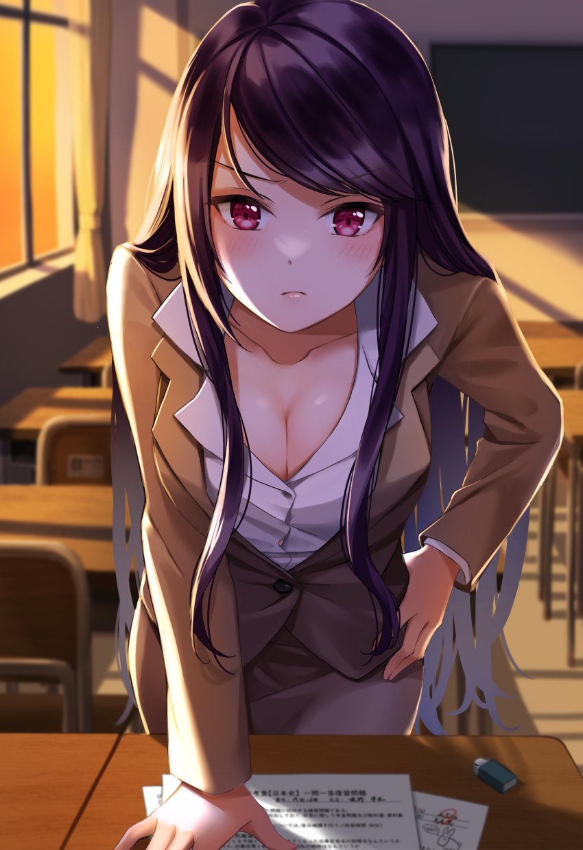 1girl, absurdres, arm_support, blazer, blush, breasts, brown_jacket, brown_skirt, chair, chalkboard, classroom, cleavage, collarbone, collared_shirt, desk, dress_shirt, eraser, evening, formal_clothes, frown, gundou_mirei, gundou_mirei_(1st_costume), hand_on_own_hip, highres, indoors, jacket, large_breasts, leaning_forward, long_hair, long_sleeves, looking_at_viewer, nanachacof, nijisanji, paper, purple_eyes, purple_hair, school_chair, school_desk, shirt, skirt, skirt_suit, solo, suit, swept_bangs, teacher, very_long_hair, virtual_youtuber, white_shirt, window, wing_collar