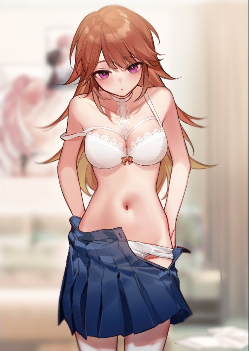 1girl, bare_arms, bare_shoulders, blue_skirt, blurry, blurry_background, bow, bow_bra