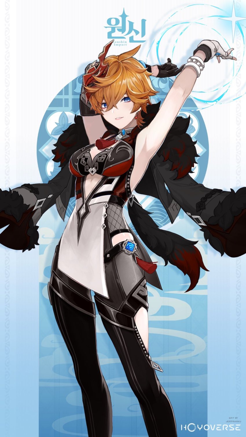 1girl, alternate_color, armpits, arms_up, asymmetrical_gloves, bare_shoulders, black_dress, black_gloves, black_jacket, bracelet, breasts, clothing_request, cosplay, cropped_jacket, detached_sleeves, dkjr, dress, fishnets, fur-trimmed_jacket, fur-trimmed_sleeves, fur_collar, fur_trim, genderswap, genderswap_(mtf), genshin_impact, gloves, grey_dress, highres, jacket, jacket_on_shoulders, jewelry, mask, mask_on_head, medium_breasts, mismatched_gloves, multicolored_dress, official_style, orange_hair, parted_lips, pelvic_curtain, purple_eyes, red_dress, short_hair, single_detached_sleeve, standing, tartaglia_(genshin_impact), tassel, teeth, white_dress, white_gloves, yelan_(genshin_impact), yelan_(genshin_impact)_(cosplay)