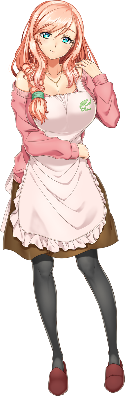 1girl, apron, artwhirl_mahou_gakuen_no_otome-tachi, blue_eyes, breasts, brown_skirt, cleavage, closed_mouth