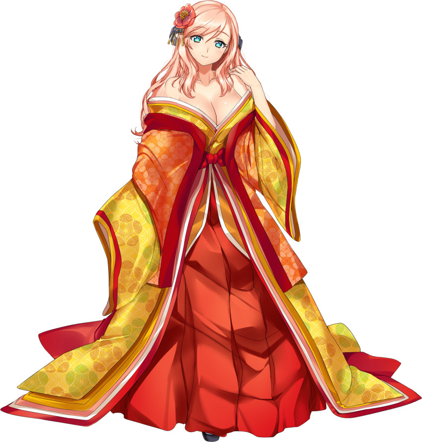 1girl, artwhirl_mahou_gakuen_no_otome-tachi, blue_eyes, breasts, cleavage, collarbone, flower, full_body