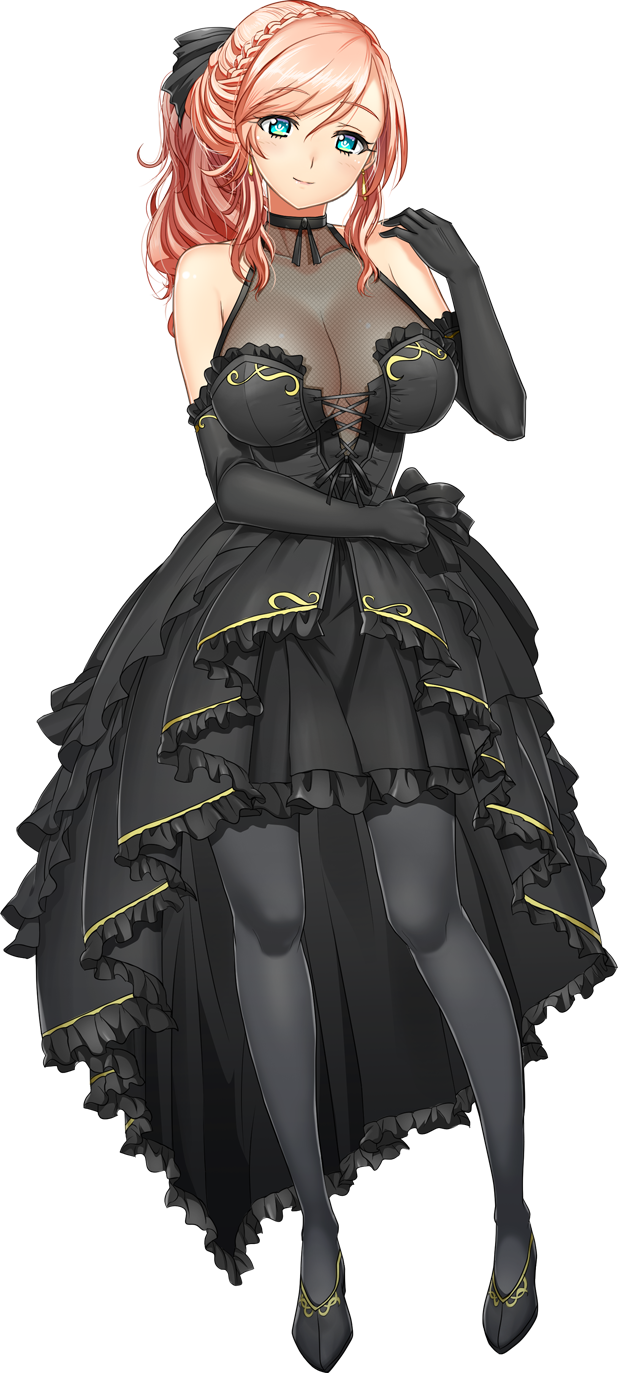 1girl, artwhirl_mahou_gakuen_no_otome-tachi, black_dress, black_footwear, black_gloves, blue_eyes, braid, breasts