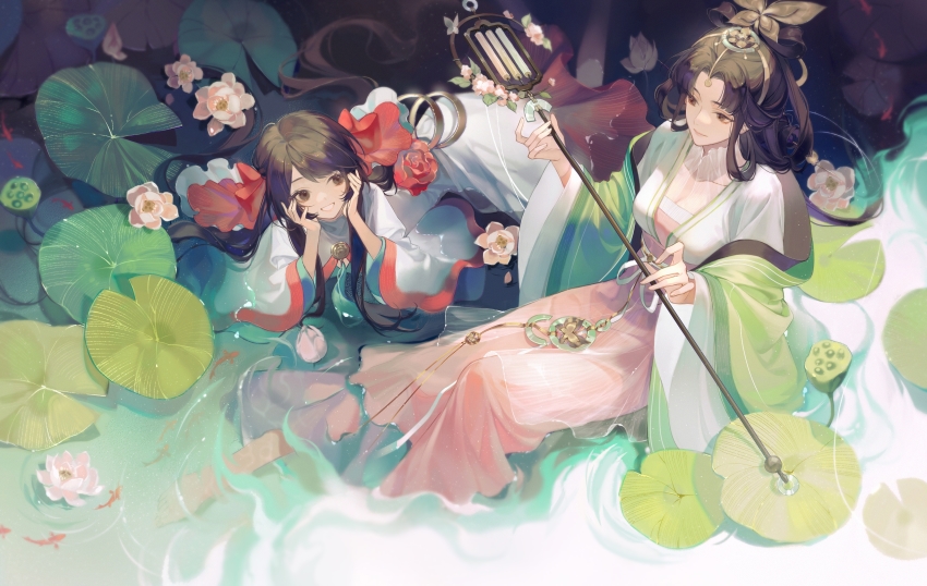 2girls, absurdres, animal, barefoot, black_hair, breasts, brown_eyes, brown_hair