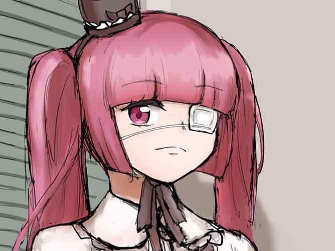 1girl, commentary, eyepatch, hanazono_yurine, hat, jashin-chan_dropkick, manatsu_no_yo_no_inmu, meme