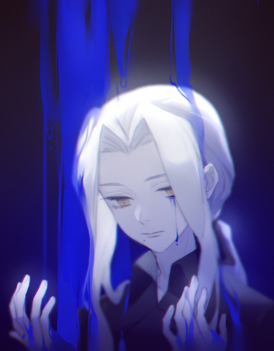 1boy, black_background, black_shirt, blue_theme, collared_shirt, expressionless, forever_7th_capital, gradient_background