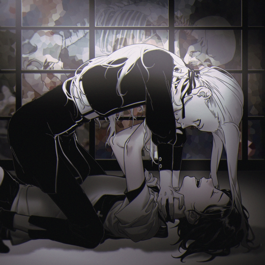 2boys, belt, between_legs, closed_mouth, commentary, different_reflection, dual_persona, english_commentary, closed_eyes, facing_another, forever_7th_capital, from_side, hair_ribbon, hand_on_another's_cheek, hand_on_another's_face, hand_on_another's_neck, hands_on_another's_neck, highres, iscario_(forever_7th_capital), kneeling, laughing, long_hair, long_sleeves, looking_at_another, looking_away, low_ponytail, lying, male_focus, mole, mole_under_mouth, monochrome, multiple_boys, on_back, on_person, outstretched_arms, pants, ponytail, profile, reaching, reflection, ribbon, shoes, short_sleeves, skeleton, strangling, suicide, time_paradox, window, yonoka