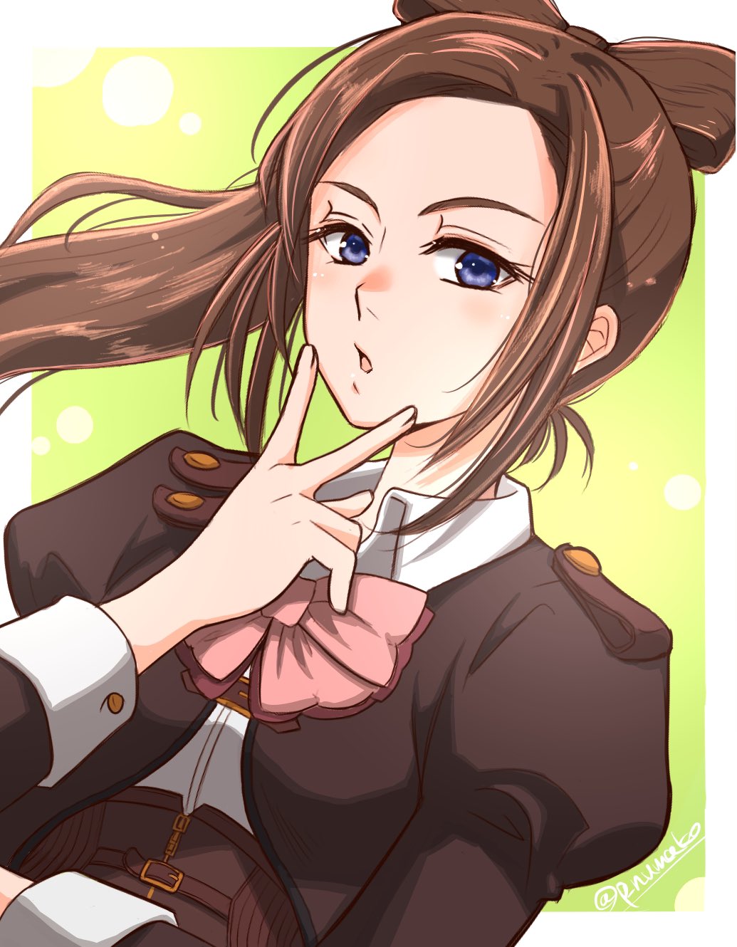 1girl, arm_across_waist, assault_lily, belt, belt_buckle, blue_eyes, border, bow