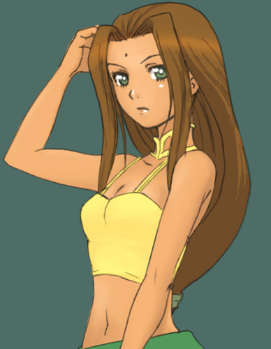 1girl, arc_the_lad, arc_the_lad_ii, arc_the_lad_iii, bare_shoulders, breasts, brown_hair, choker, cleavage, dark-skinned_female, dark_skin, female_focus, green_eyes, hosi, long_hair, lowres, midriff, sania, simple_background, solo, tank_top