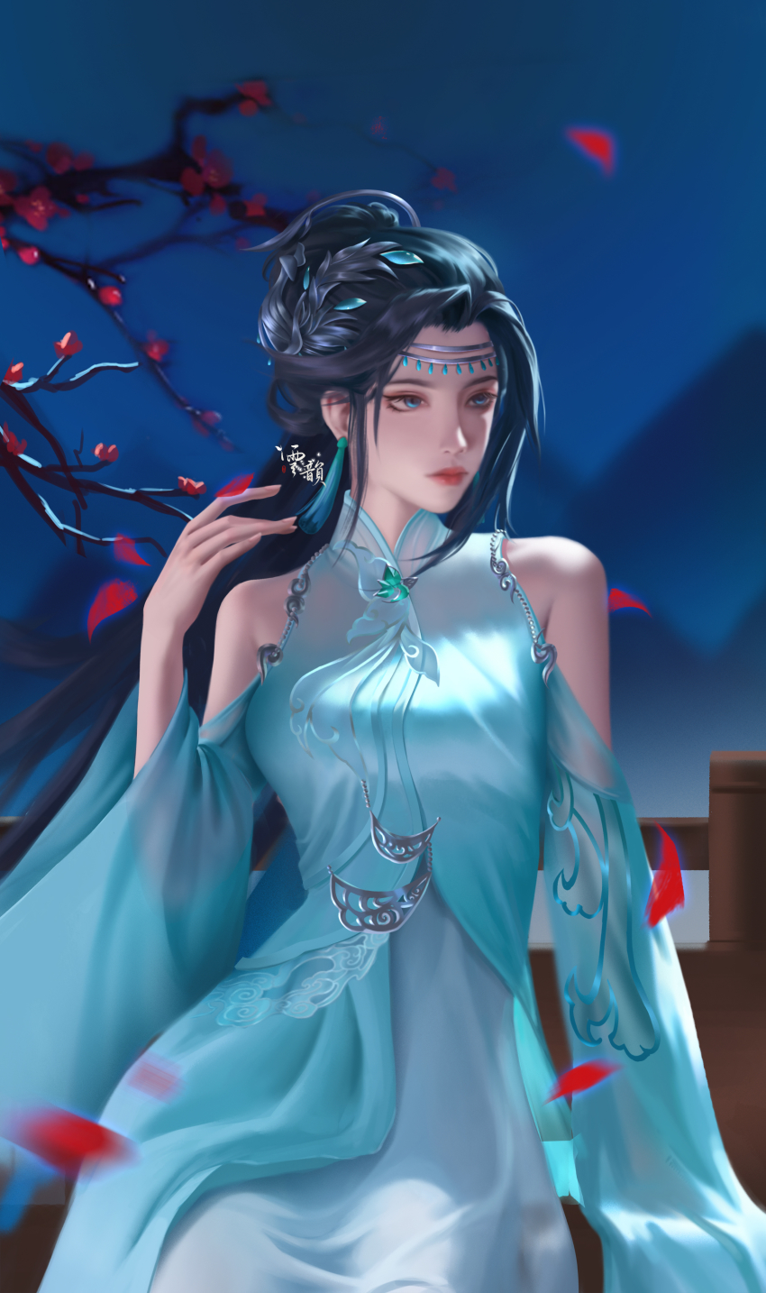 1girl, absurdres, artist_request, black_hair, blue_dress, branch, doupo_cangqiong, dress