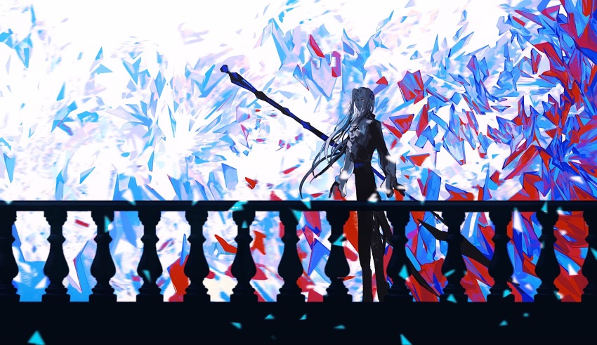 1boy, black_gloves, blurry, depth_of_field, floating_hair, forever_7th_capital, frills, gloves