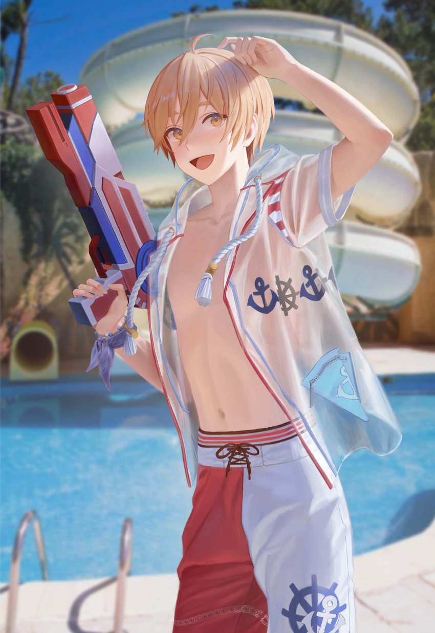 1boy, absurdres, aheure0329, commentary_request, dappled_sunlight, day, gun, hand_in_own_hair, highres, holding, holding_gun, holding_weapon, korean_commentary, looking_at_viewer, male_focus, navel, one-piece_swimsuit, open_mouth, original, outdoors, pool, pool_ladder, poolside, see-through_clothes, smile, solo, sunlight, swimsuit, water, water_gun, weapon