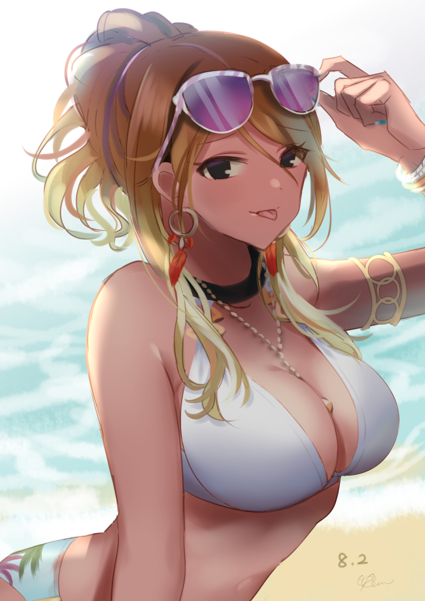 1girl, :p, absurdres, arm_up, armlet, beach, bikini, blonde_hair