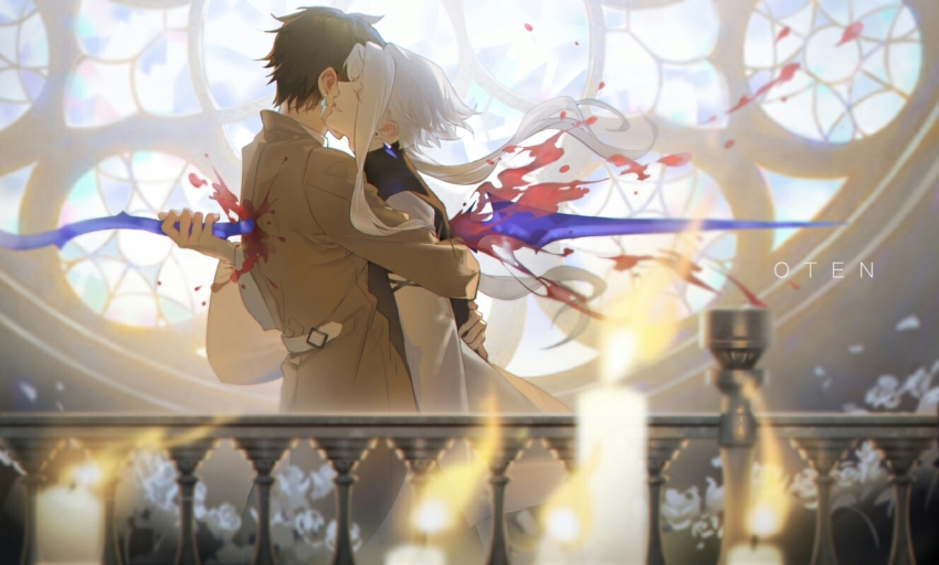 2boys, artist_name, black_vest, blood, blood_on_clothes, blue_gem, blurry, brown_coat, brown_hair, candle, candlelight, church, coat, commander_(forever_7th_capital), commentary_request, covered_face, depth_of_field, earrings, closed_eyes, fire, forever_7th_capital, from_side, gem, hand_up, holding, holding_polearm, holding_weapon, hug, impaled, indoors, injury, iscario_(forever_7th_capital), jewelry, long_hair, long_sleeves, male_focus, multiple_boys, murder, oten, parted_lips, polearm, profile, railing, short_hair, smile, spear, stab, stained_glass, suicide, vest, weapon, white_hair, wide_sleeves