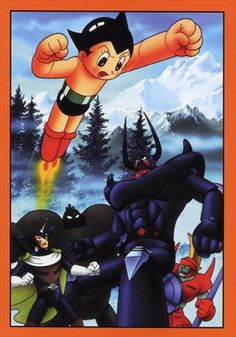 1980s_(style), angry, atom_(tetsuwan_atom), black_hair, brando_(tetsuwan_atom), epsilon_(tetsuwan_atom), flying, hercules_(tetsuwan_atom), horns, lowres, multiple_boys, non-web_source, official_art, oldschool, pluto_(tetsuwan_atom), polearm, retro_artstyle, robot, shield, spear, spiked_hair, tetsuwan_atom, tree, weapon