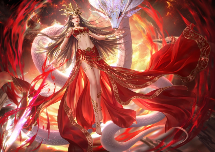 1girl, absurdres, bare_legs, barefoot, black_hair, cai_lin_(doupo_cangqiong), closed_mouth, doupo_cangqiong, fan_xiu_fx, fire, floating, from_below, full_body, hair_ornament, highres, long_hair, nail_polish, navel, red_eyes, red_nails, red_skirt, second-party_source, skirt, snake, strapless, sword, tube_top, weapon