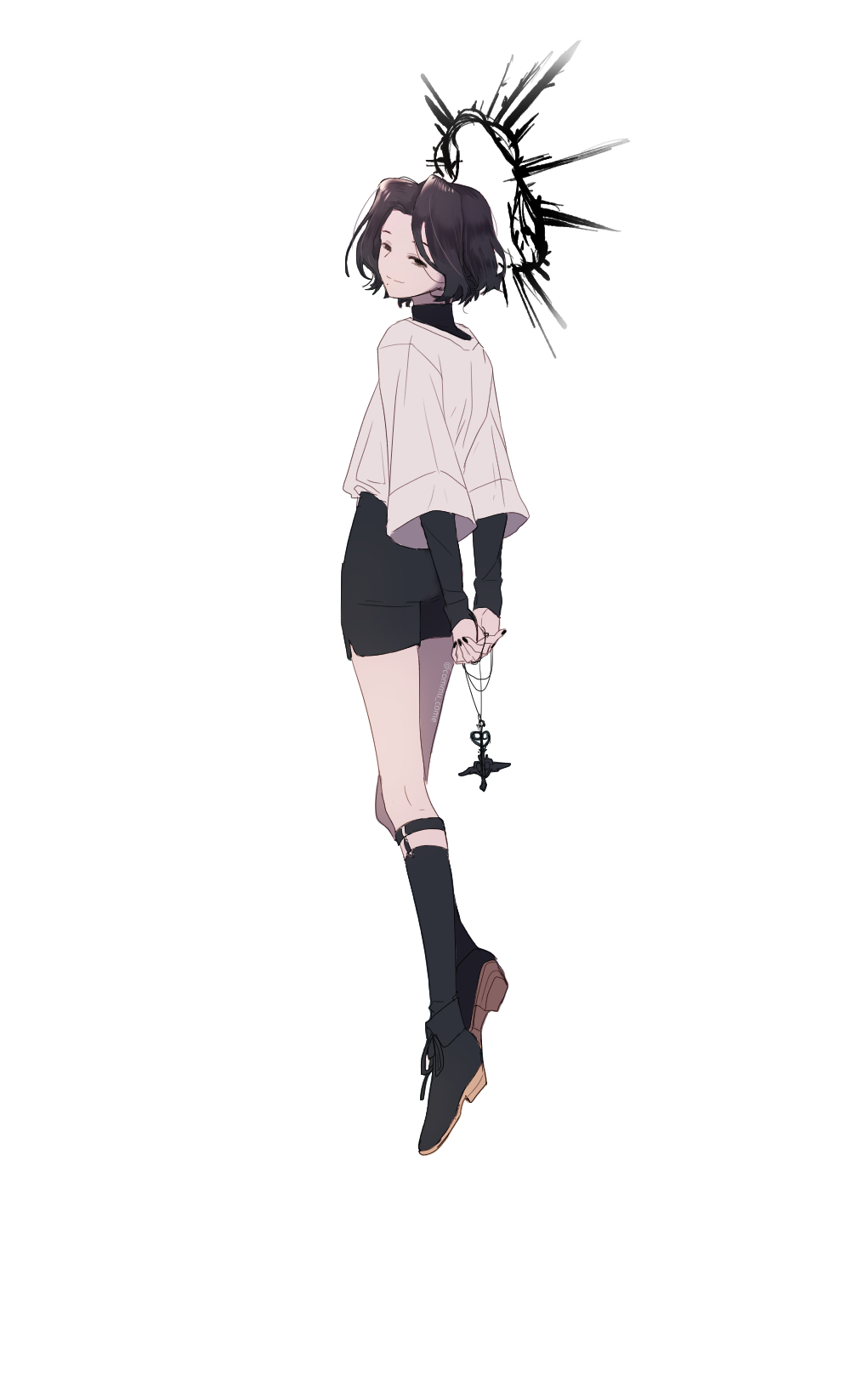 1boy, arms_behind_back, black_eyes, black_hair, black_nails, black_shirt, black_shoes, black_shorts