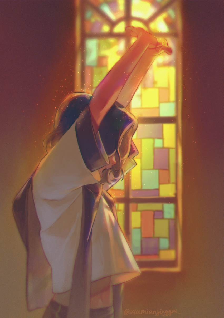 1boy, absurdres, arms_up, black_hair, blurry, covered_eyes, depth_of_field, forever_7th_capital