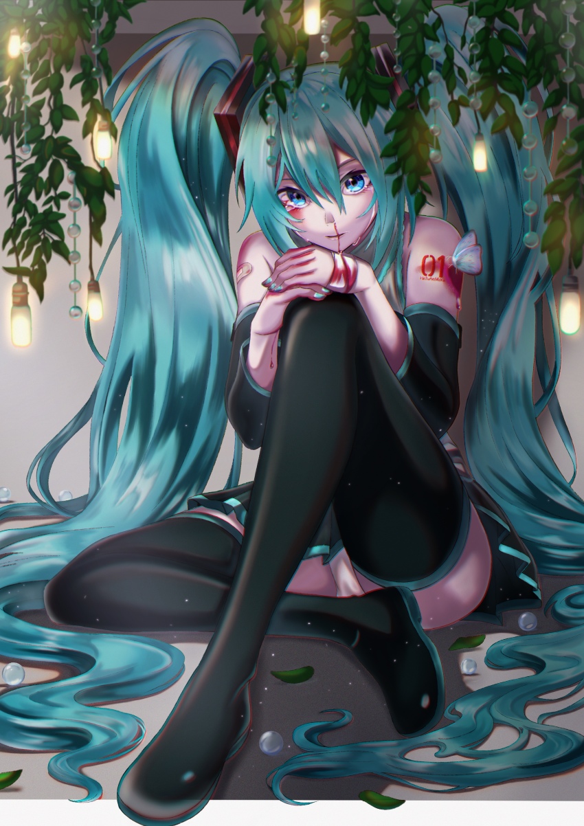 1girl, absurdly_long_hair, absurdres, aqua_hair, aqua_nails, arm_tattoo, bad_id, bad_pixiv_id