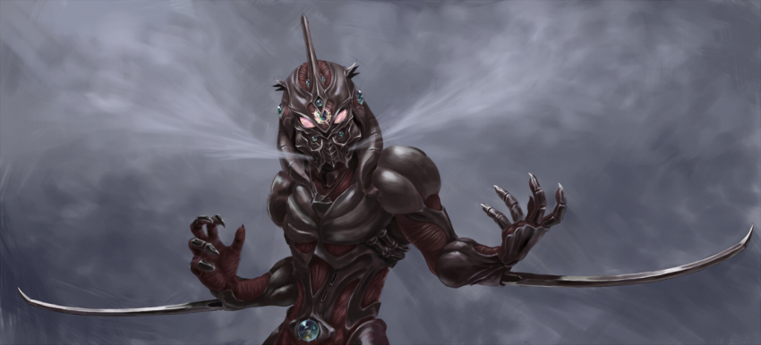 armor, dual_wielding, holding, kyoushoku_soukou_guyver, no_humans, senri, shigumo_(shigeru), smoke