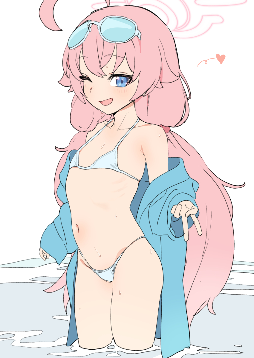1girl, absurdres, ahoge, bikini, blue_archive, blue_eyes, blush, cowboy_shot, dorontabi, eyewear_on_head, female_focus, flat_chest, gyaru_v, halo, heart, highres, hoshino_(blue_archive), hoshino_(swimsuit)_(blue_archive), long_hair, looking_at_viewer, micro_bikini, navel, pink_hair, simple_background, smile, solo, sunglasses, swimsuit, twintails, upper_body, v, very_long_hair, white_background