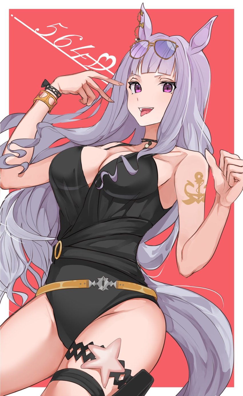 1girl, animal_ears, black_one-piece_swimsuit, blunt_bangs, bracelet, breasts, casual_one-piece_swimsuit, eyewear_on_head, gold_ship_(run_revolt_launcher)_(umamusume), gold_ship_(umamusume), grey_hair, highres, horse_ears, horse_girl, horse_tail, jewelry, large_breasts, long_hair, looking_at_viewer, number_pun, official_alternate_costume, one-piece_swimsuit, open_mouth, purple-tinted_eyewear, purple_eyes, shi_(pou9f), smile, solo, sunglasses, swimsuit, tail, tattoo, thigh_strap, tinted_eyewear, tongue, tongue_out, umamusume