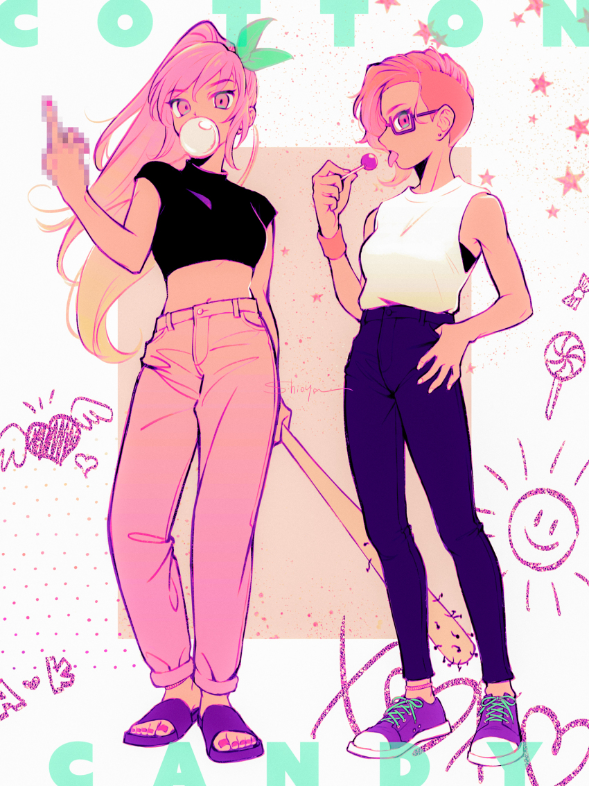 2girls, aubrey_(faraway)_(omori), aubrey_(omori), baseball_bat, blowing_bubble_gum, brown_eyes, brown_hair, candy, censored, chewing_gum, crop_top, flip-flops, food, glasses, heart, highres, holding, holding_baseball_bat, kim_(omori), lollipop, long_hair, looking_at_viewer, middle_finger, midriff, mosaic_censoring, multiple_girls, nail_(hardware), nail_bat, nail_polish, navel, omori, pants, pink_eyes, pink_hair, pink_nails, ponytail, rectangular_eyewear, sandals, semi-rimless_eyewear, shioya_(shioya_omo), shoes, short_hair, short_sleeves, sneakers, star_(symbol), under-rim_eyewear