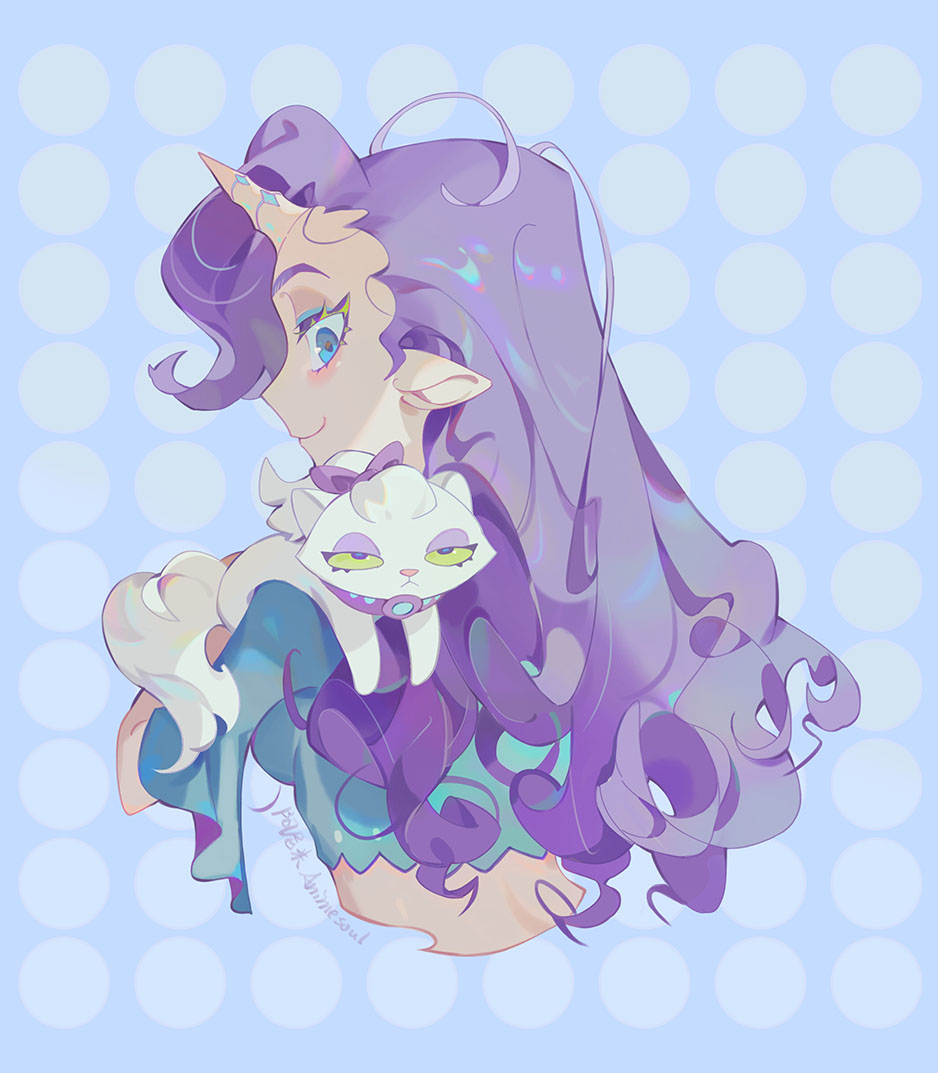 1girl, animal_collar, animesoul, blue_eyes, cat, collar, horns, humanization